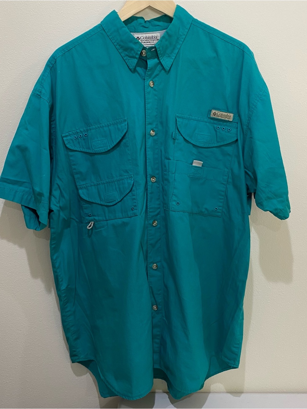 Columbia PFG Mens Large Aqua Short Sleeve Ventilated Fishing Shirt